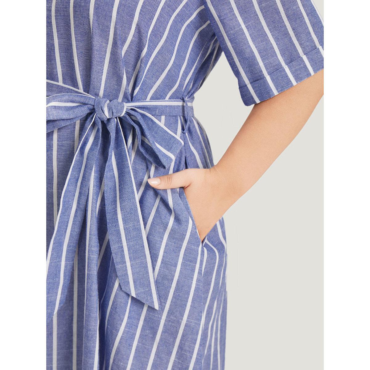 Plus Size Striped Print Belt Pocket Notched Button Up Dress Blue Women Office Cross straps Notched collar Short sleeve Curvy Midi Dress BloomChic 22-24/3X Product Image