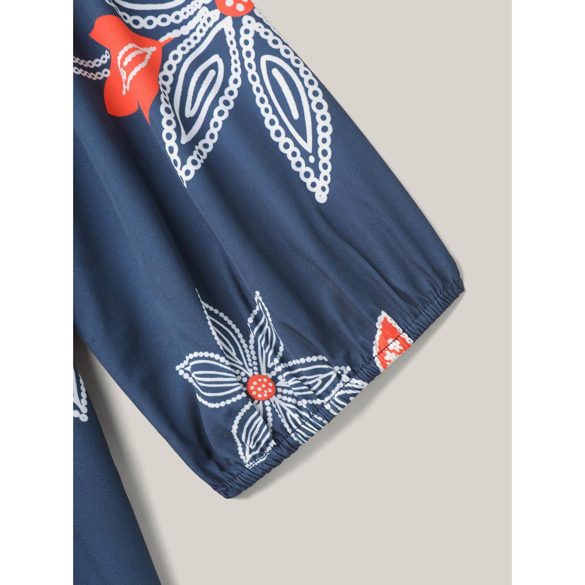 Plus Size Boho Floral Arc Neck Waist-Cinched Dress DarkBlue Women Resort Gathered V-neck Elbow-length sleeve Curvy BloomChic 30/6X Product Image