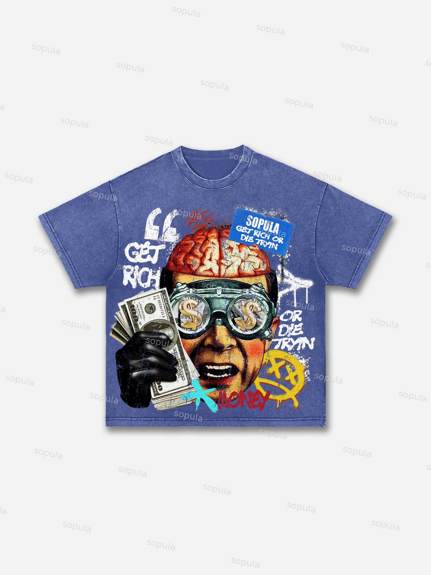 Get Rich Money Portrait Print Acid Wash T-shirt Product Image