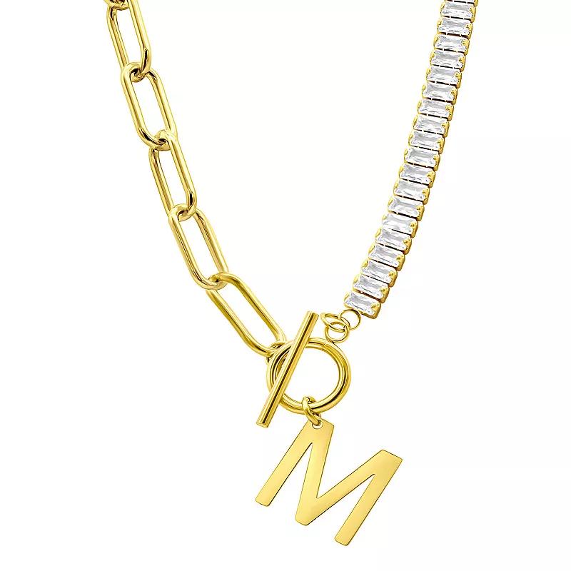 Adornia Gold Tone Half Crystal & Half Paperclip Initial Toggle Necklace, Womens Product Image