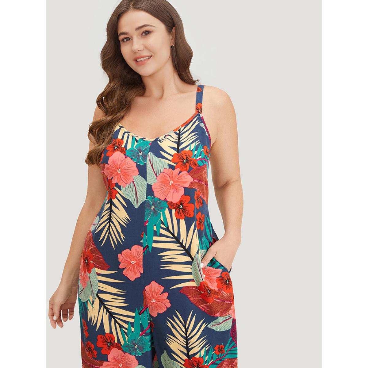 Plus Size Indigo Floral Print Pocket Cami Jumpsuit Women Elegant Sleeveless Spaghetti Strap Dailywear Loose Jumpsuits BloomChic 22-24/3X Product Image
