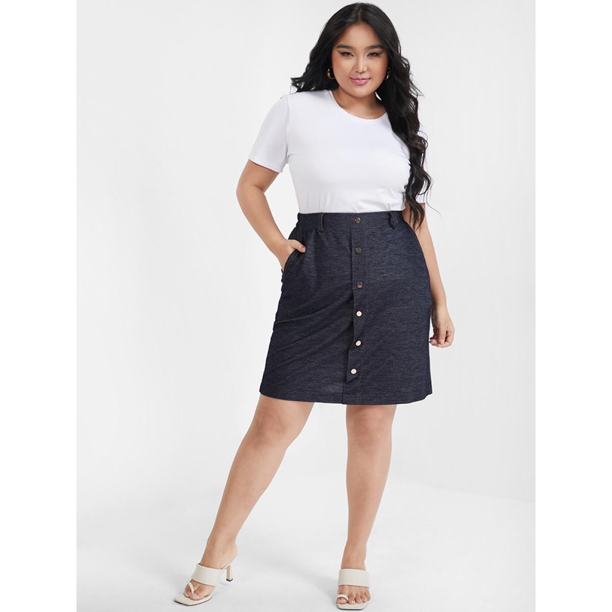 Plus Size Solid Button Pocket Skirt Women Black Elegant Button High stretch Pocket Dailywear Skirts BloomChic 30/6X Product Image
