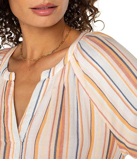 Liverpool Los Angeles Petite Size Stripe Split V-Neck 3/4 Sleeve Frayed Hem Top Product Image