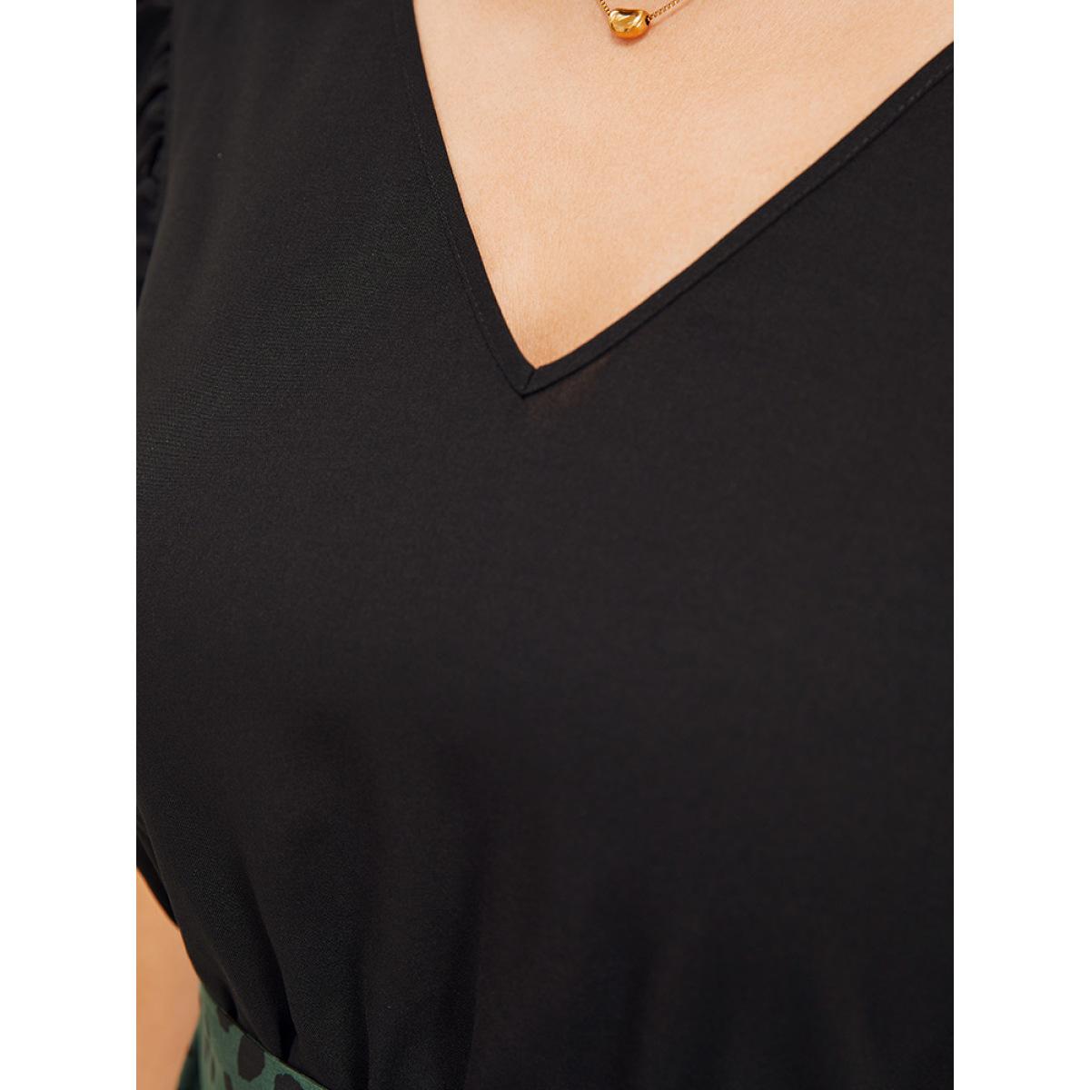 Plus Size Leopard Patchwork Pocket Belt Ruffle Dress DarkGreen Women Elegant Belted V-neck Cap Sleeve Curvy Knee Dress BloomChic 26/4X Product Image