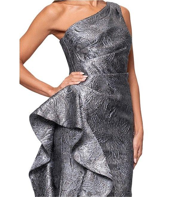 Xscape One Shoulder Metallic Jacquard Gown With Ruffle Product Image