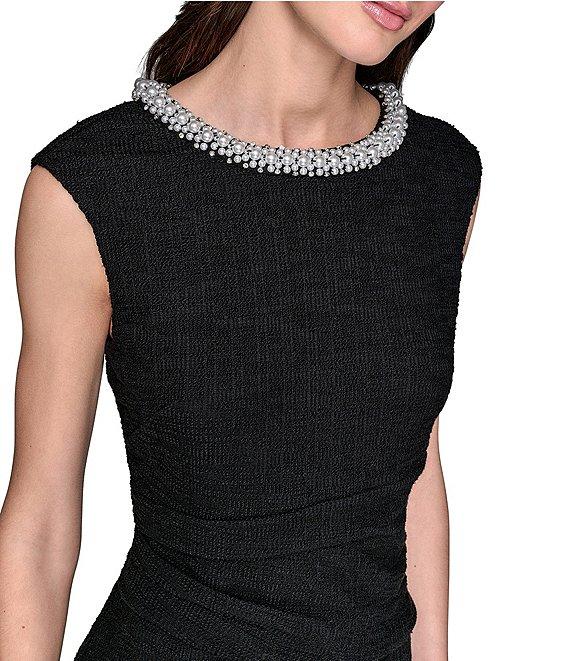 KARL LAGERFELD PARIS Stretch Texture Tweed Crew Neck Cap Sleeves Embellished Fit & Flare Midi Dress Product Image
