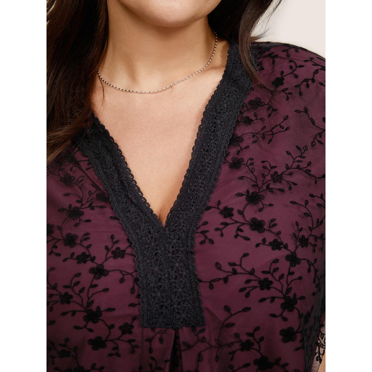 Plus Size Burgundy Crochet Lace Mesh Bell Sleeve Blouse Women Cocktail Elbow-length sleeve V-neck Party Blouses BloomChic 30/6X Product Image