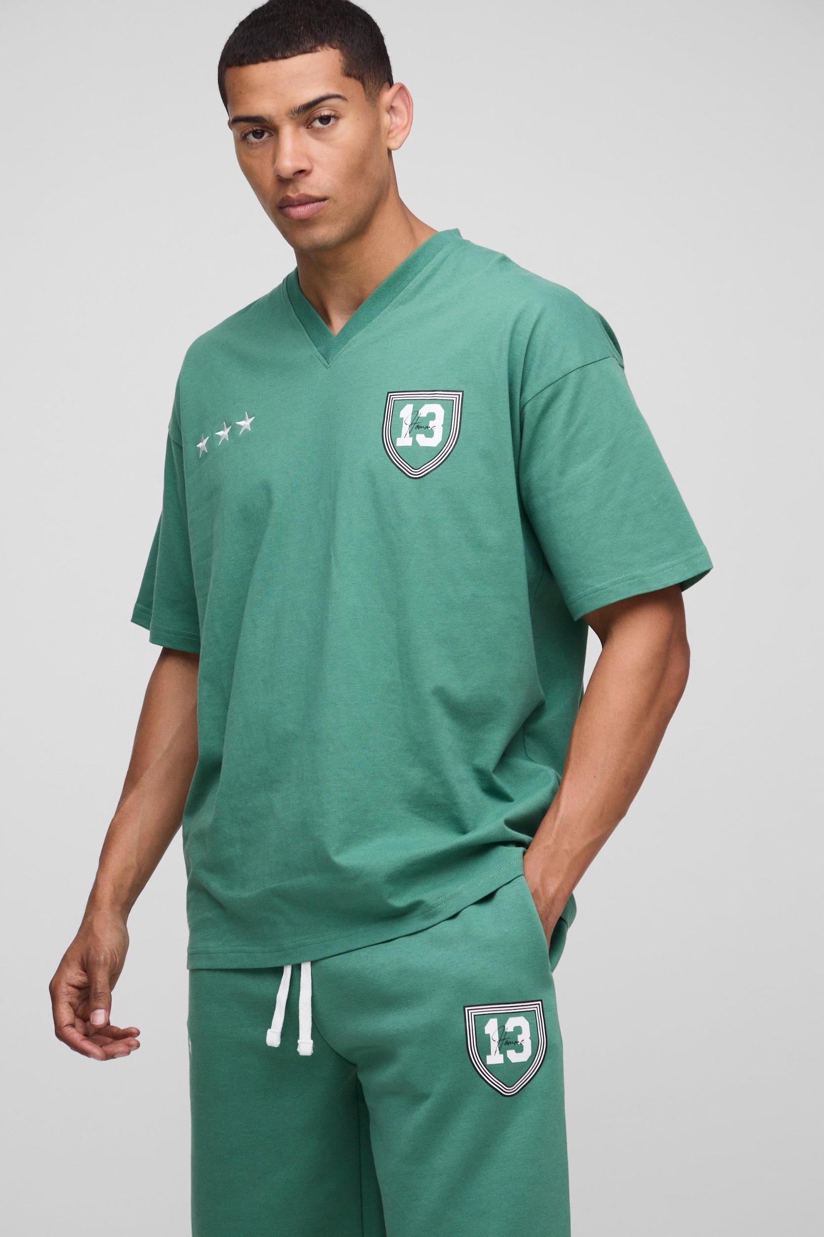Oversized Ofcl Varsity V Neck T-Shirt & Short Set | boohooMAN USA Product Image