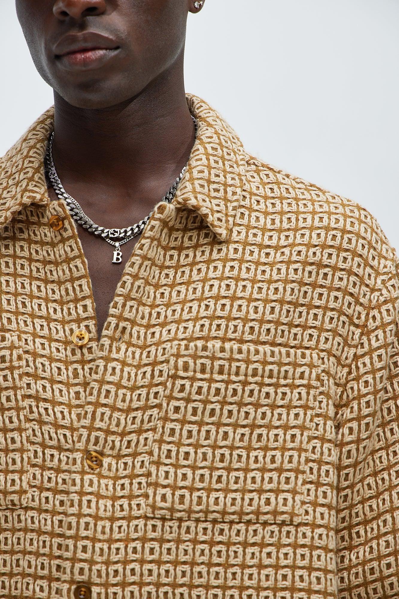 Oversized Island Textured Button Up Shirt - Brown Combo Product Image