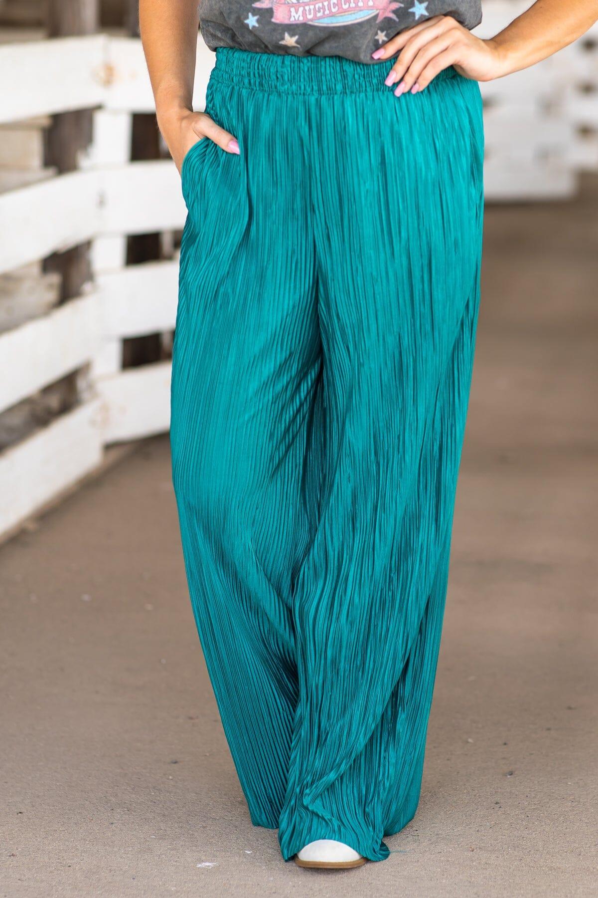Turquoise Crystal Pleat Wide Leg Pants Product Image