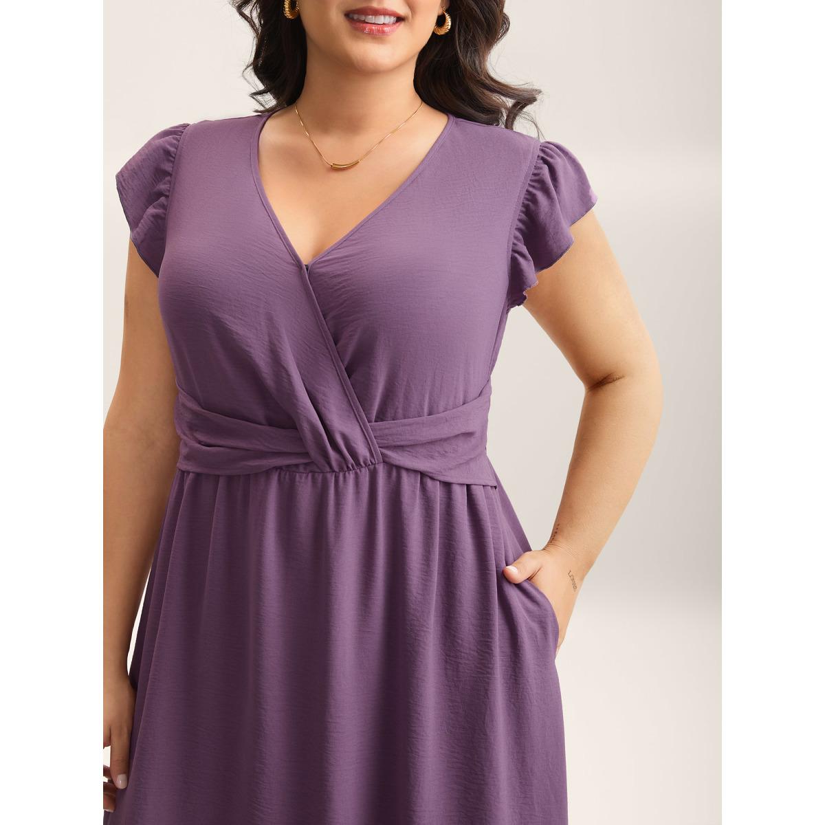 Plus Size Solid Surplice Neck Pockets Midi Dress Mauve Women At the Office Twist Overlap Collar Cap Sleeve Curvy BloomChic 14-16/1X Product Image