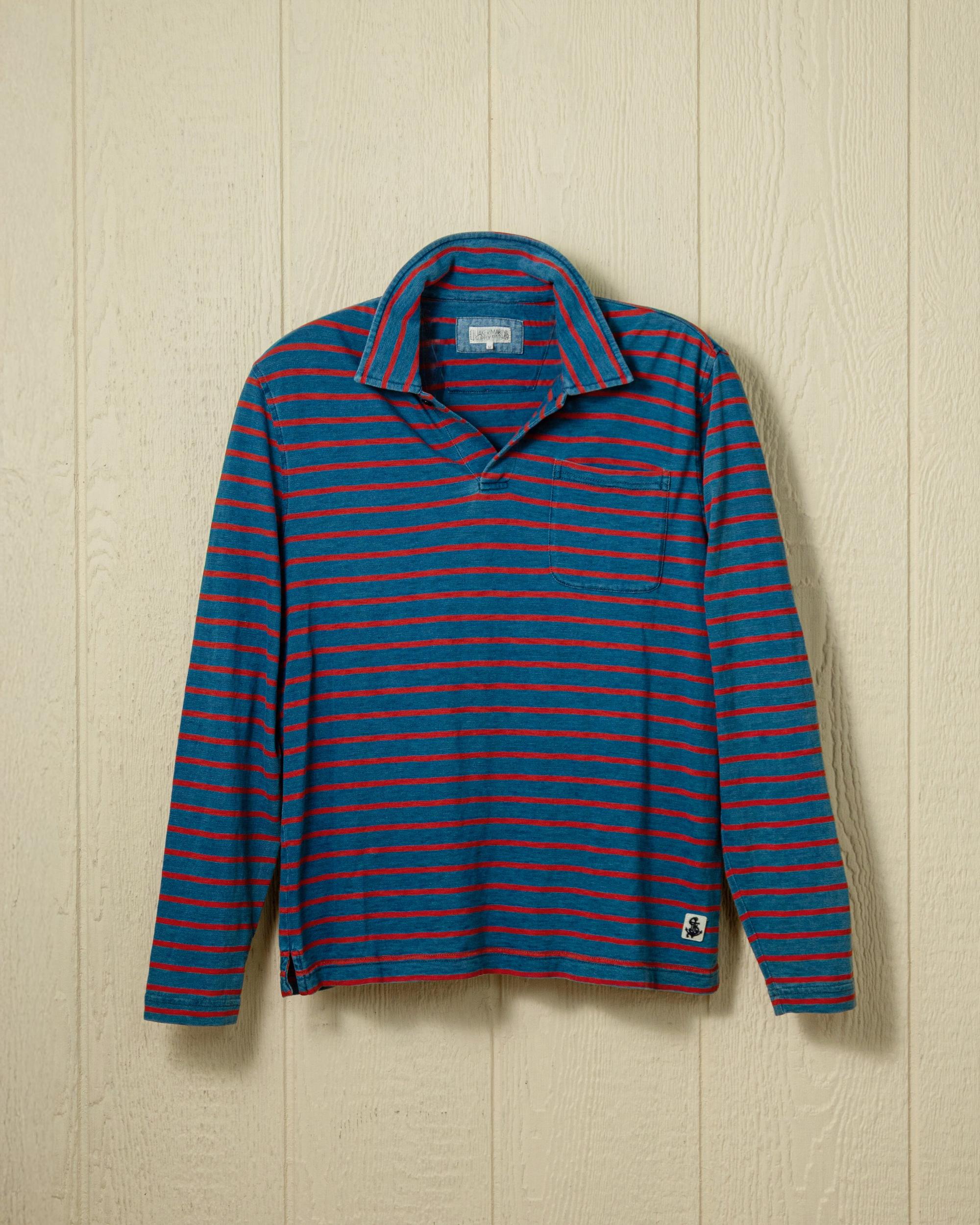 Long Sleeve Indigo Polo in 3/4" Red/Navy Stripe Product Image