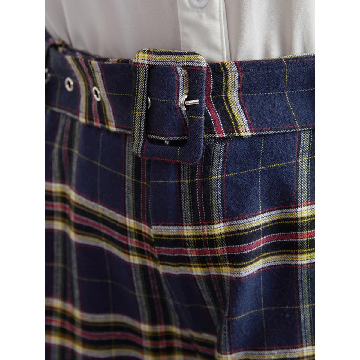 Plus Size Plaid Pocket Eyelet Belted Straight Leg Pants Women Indigo Office Straight Leg High Rise Office Pants BloomChic 28/5X Product Image