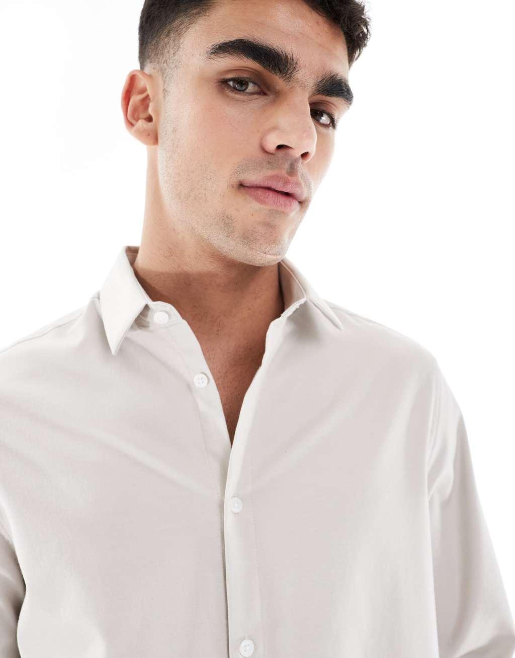 ASOS DESIGN formal easy iron twill regular shirt in stone Product Image