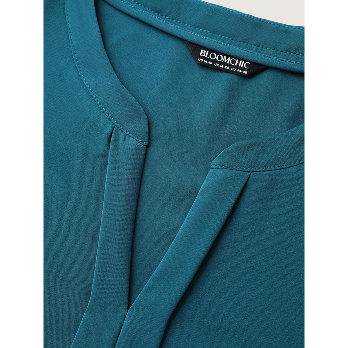 Plus Size Aegean Shirred Puffy Sleeve Solid Blouse Women Short sleeve Flat collar with V-notch Work Blouses BloomChic 30/6X Product Image