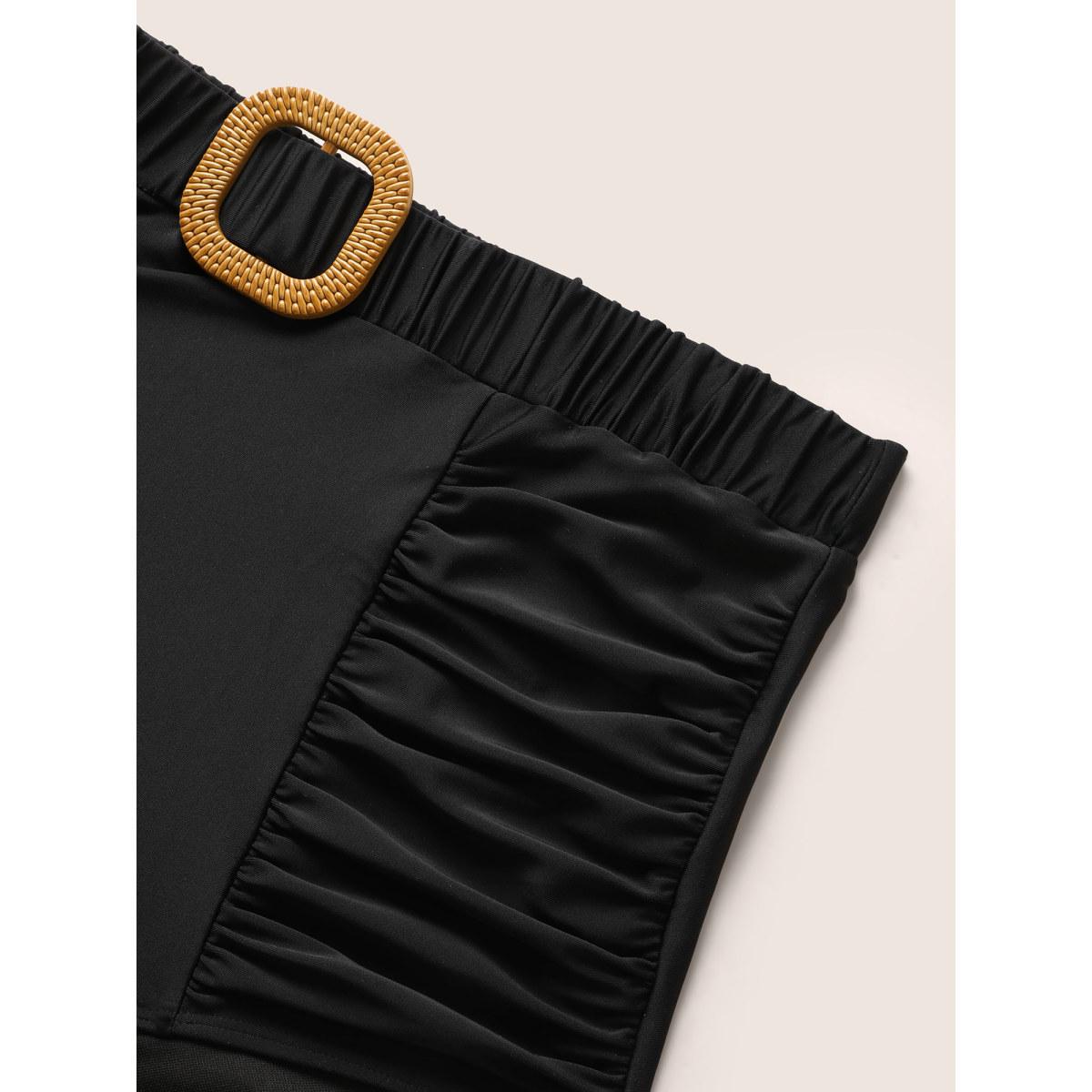 Plus Size Solid Buckle Detail Ruched Swim Bottom Women's Swimwear Black Beach Non High stretch Skinny High Rise Curve Swim Bottoms BloomChic 26/4X Product Image