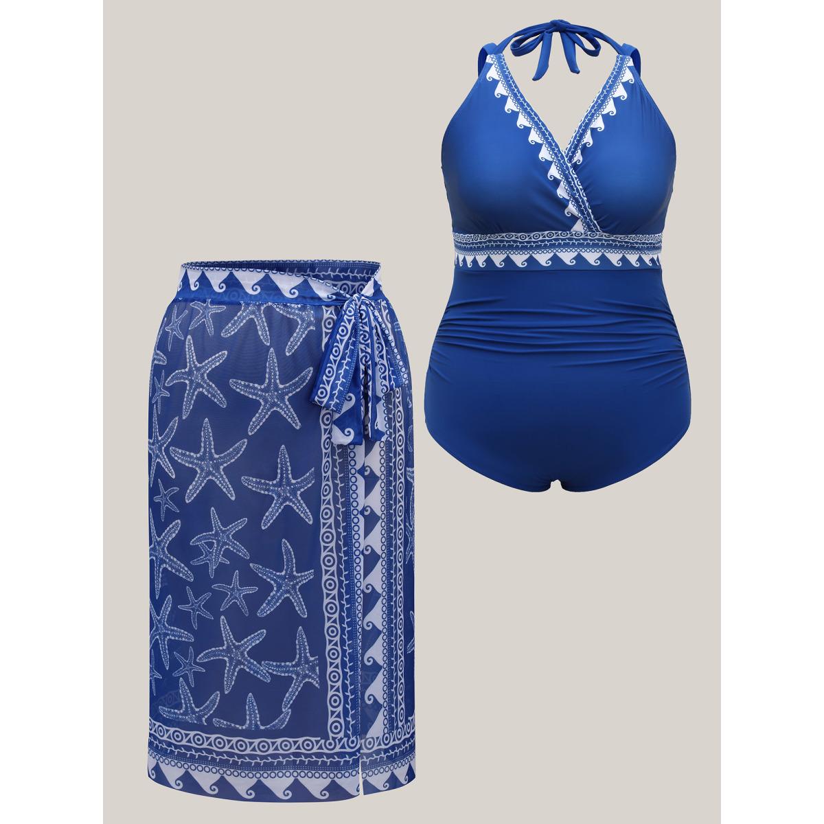 Plus Size Two-Piece Ocean Print Swimsuit Women's Swimwear Mediumblue Resort Tie knot Curve Bathing Suits High stretch One Pieces BloomChic 30/6X Product Image