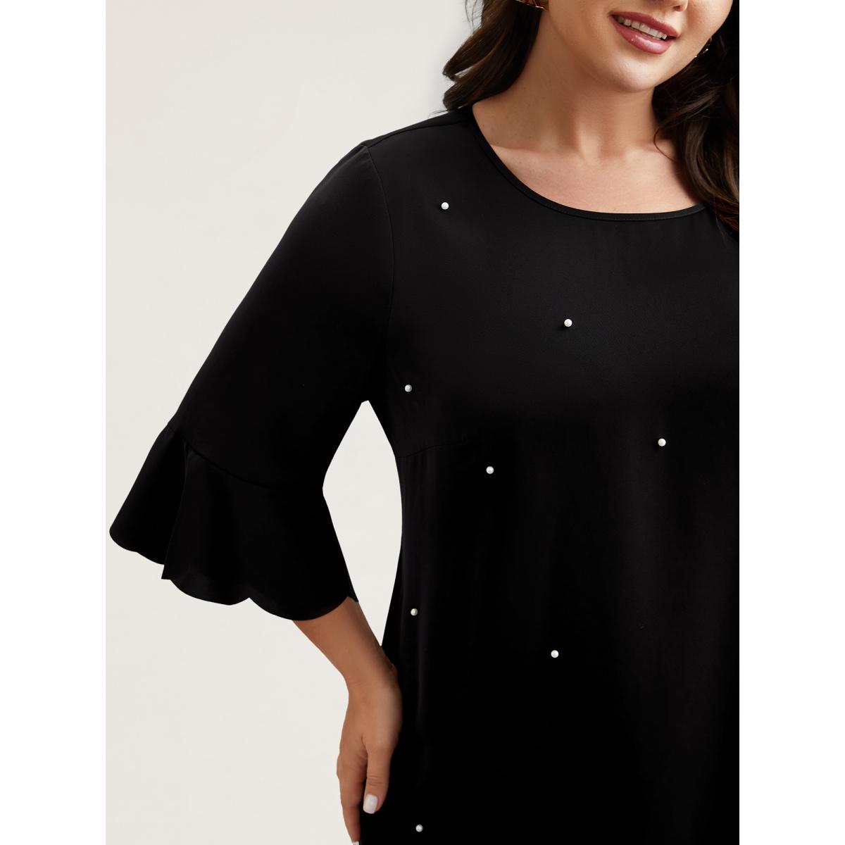 Plus Size Black Beads Embellished Scalloped Hem Shirt Women Elegant Elbow-length sleeve Round Neck Everyday Blouses BloomChic 12/L Product Image