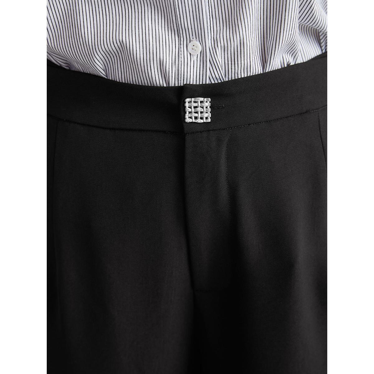 Plus Size Plain Metal Detail Pocket Wide Leg Pants Women Black Office Wide Leg High Rise Office Pants BloomChic 18-20/2X Product Image