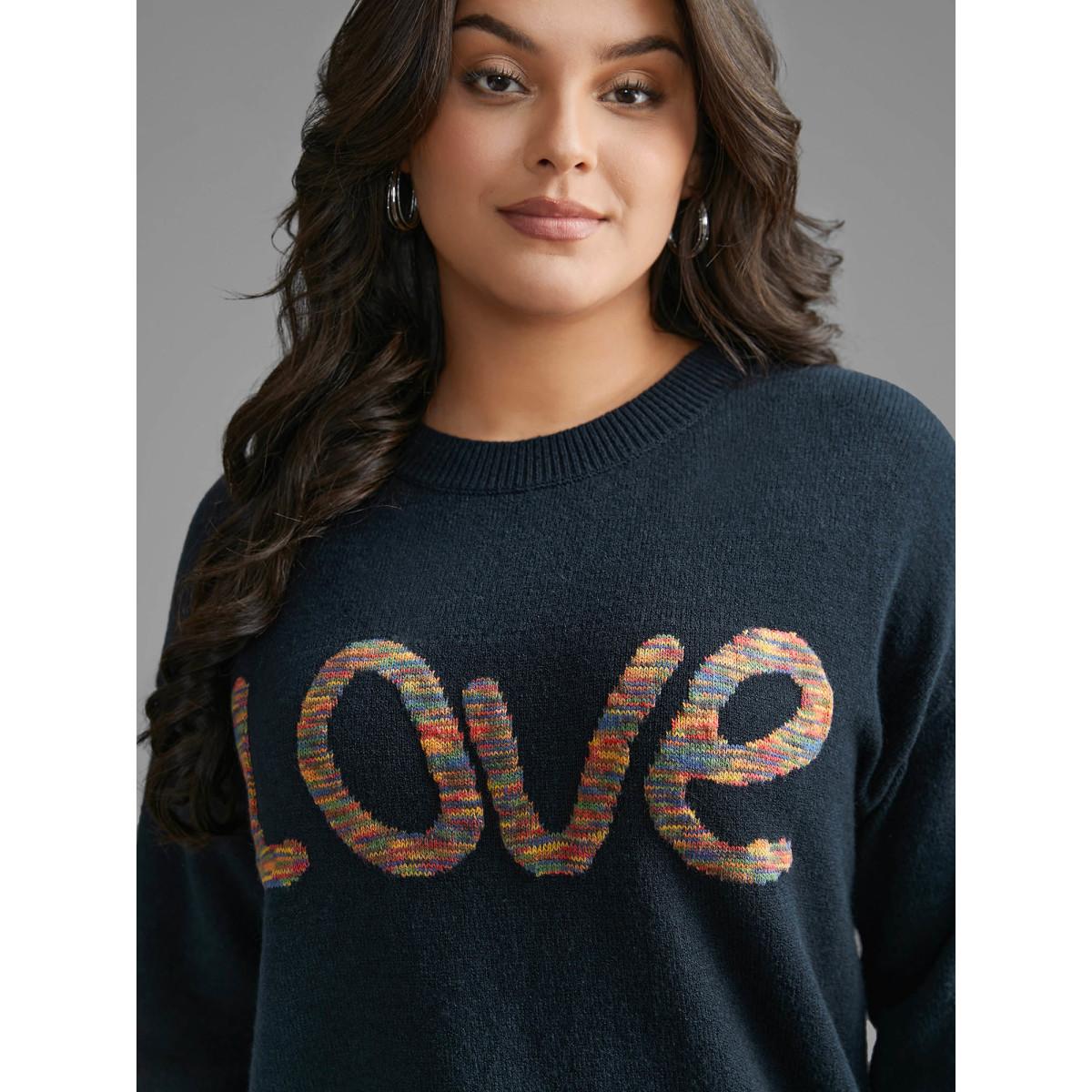 Plus Size Supersoft Essentials Love Pattern Heather Pullover Indigo Women Playful Loose Long Sleeve Round Neck Casual Pullovers BloomChic 18-20/2X Product Image