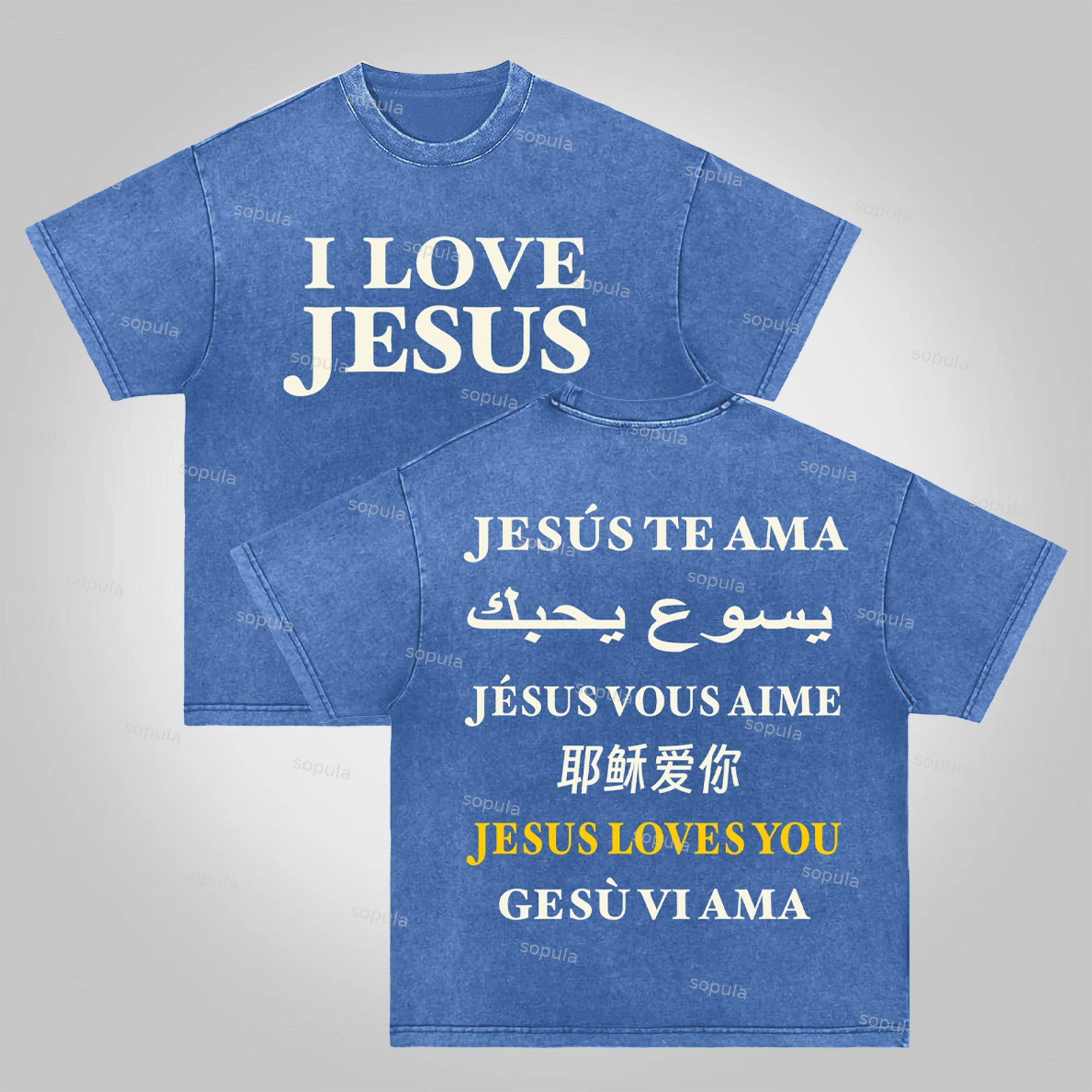 Sopula I Love Jesus. Jesus Loves The World Graphics Acid Washed T-shirt Product Image