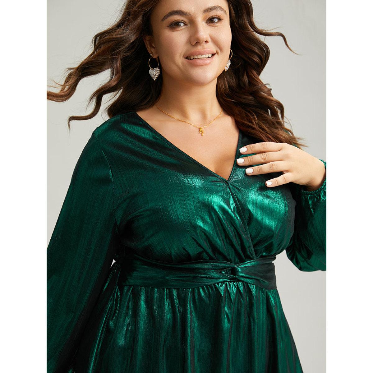 Plus Size Emerald Solid Wrap Twist Front Gathered Blouse Women Glamour Long Sleeve Overlap Collar Festival-Christmas Blouses BloomChic 26/4X Product Image