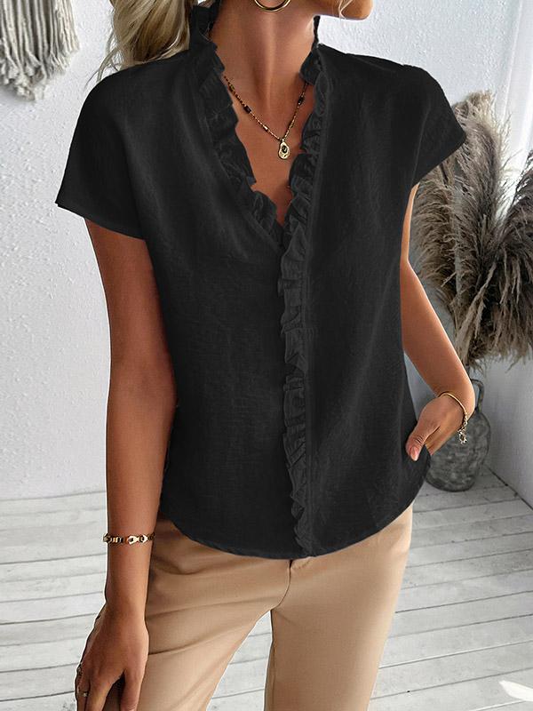 Loose Short Sleeves Ruffle Trim Solid Color V-Neck Blouses&Shirts Tops Product Image