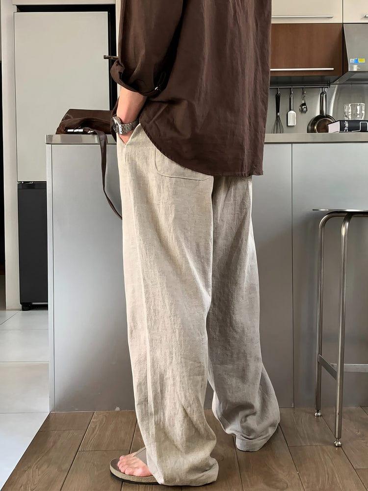 RT No. 12684 LINEN PLEATED FOLDED STRAIGHT PANTS Product Image