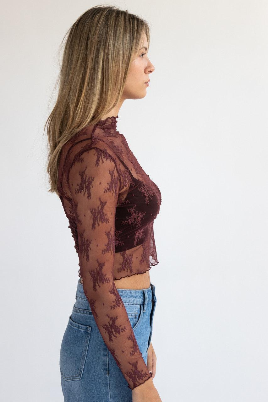 Floral Lace Mesh Mock Neck Top Product Image