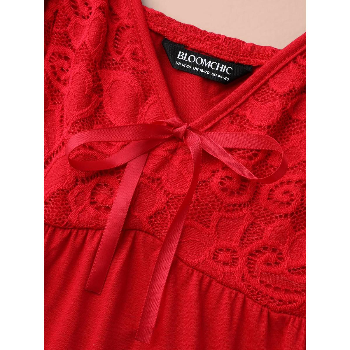 Plus Size Bowknot Crochet Lace Asymmetrical Hem Lounge Dress Women Brightred Lounge Texture V-neck Loungewear BloomChic 26/4X Product Image