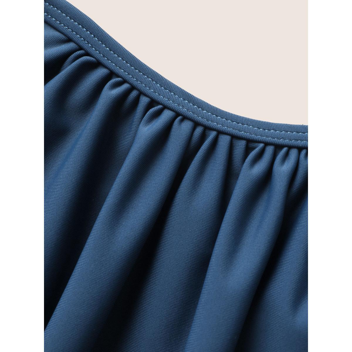 Plus Size U Neck Ditsy Floral Patchwork Gathered Swim Top Women's Swimwear Indigo Beach Gathered High stretch Bodycon U-neck Curve Swim Tops BloomChic 12/L Product Image