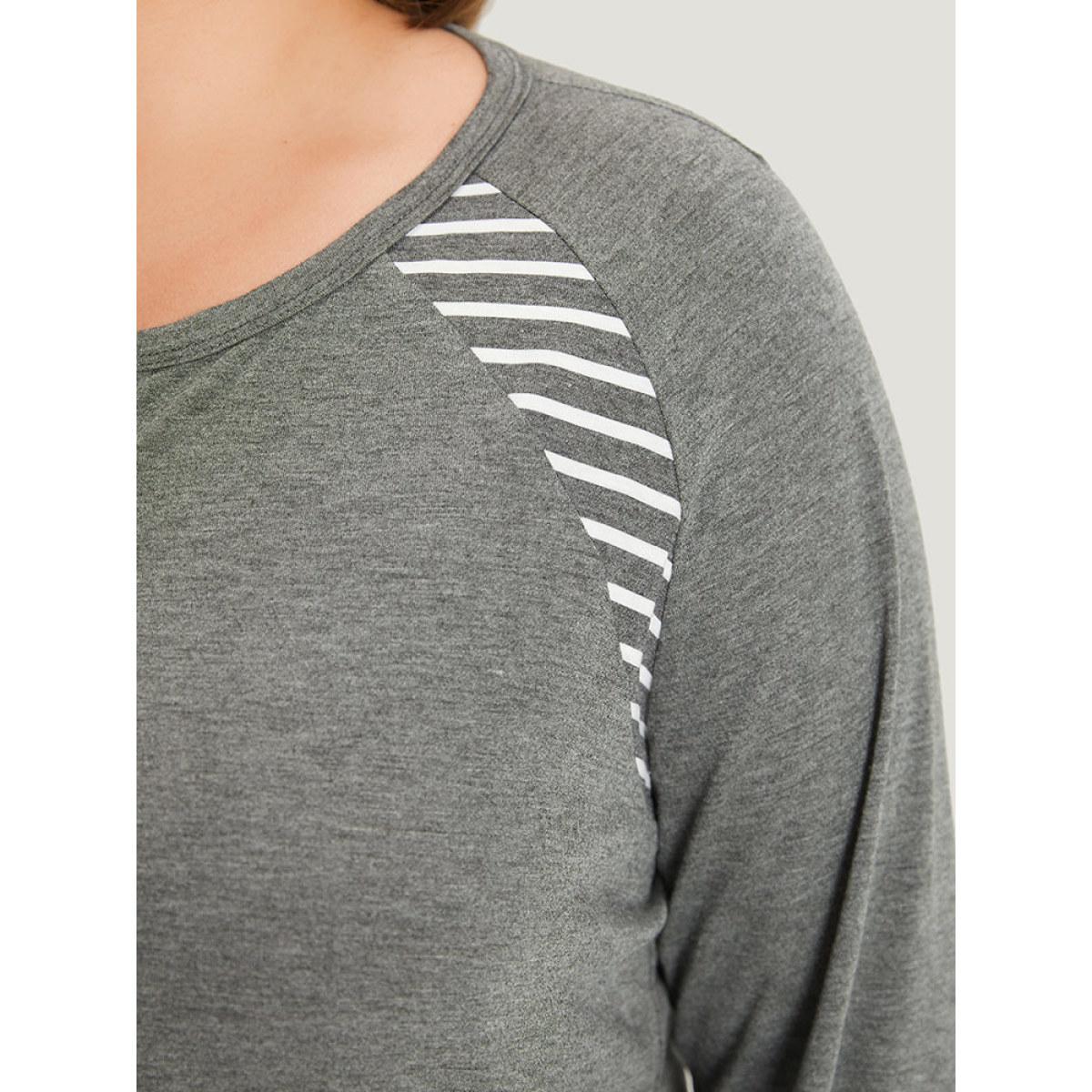 Plus Size Striped Patchwork Button Up Round Neck T-shirt DimGray Women Casual Contrast Striped Round Neck Dailywear T-shirts BloomChic 30/6X Product Image