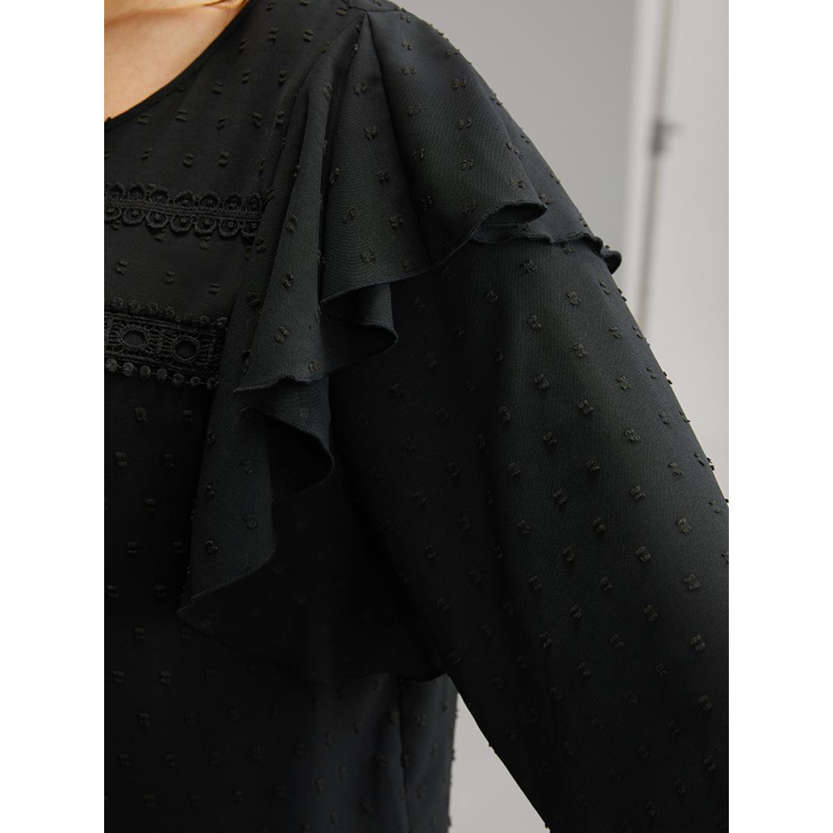 Plus Size Black Solid Contrast Lace Tiered Ruffles Blouse Women Elegant Long Sleeve Round Neck Dailywear Blouses BloomChic 12/L Product Image