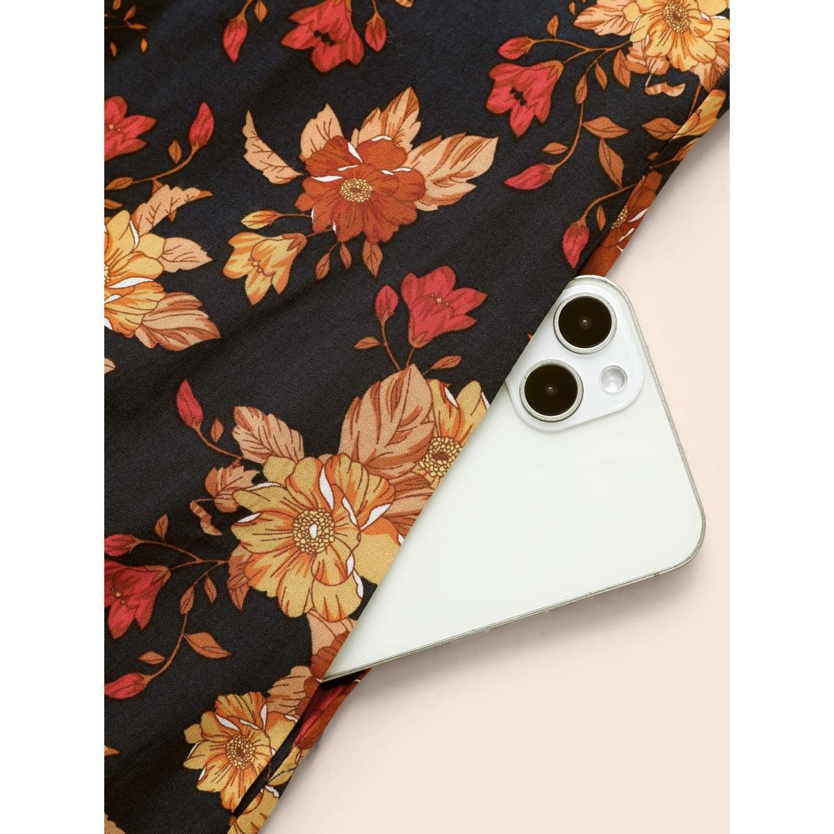 Plus Size Supersoft Essentials Floral Print Pocket V Neck Dress Black Women Resort Elastic cuffs V-neck Elbow-length sleeve Curvy Midi Dress BloomChic 18-20/2X Product Image