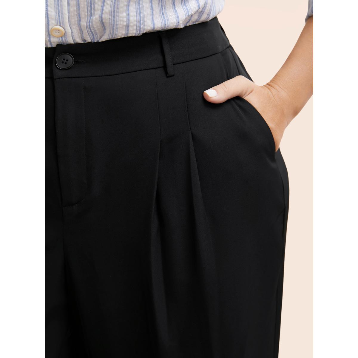 Plus Size Stretch Woven Pleated Elastic Waist Pants Women Black At the Office Wide Leg Mid Rise Office Pants BloomChic 12/L Product Image