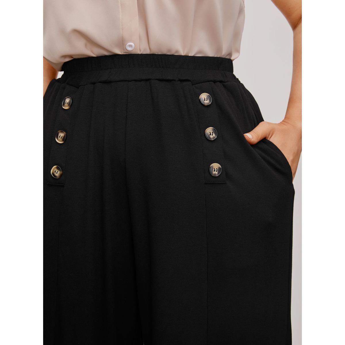 Plus Size Supersoft Essentials Button Detail Wide Leg Pants Women Black Office Wide Leg High Rise Office Pants BloomChic 26/4X Product Image