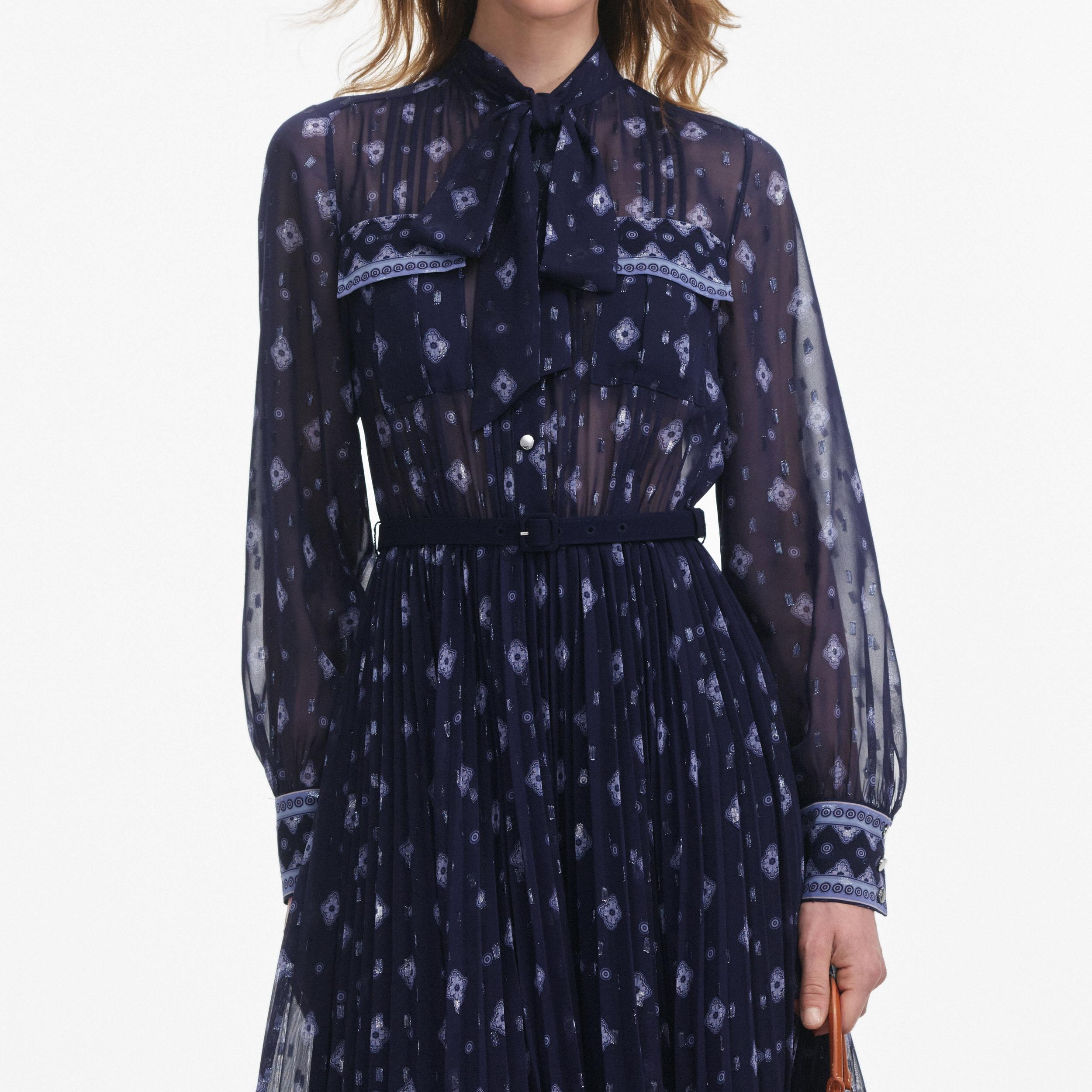 Navy Printed Chiffon Midi Dress Product Image