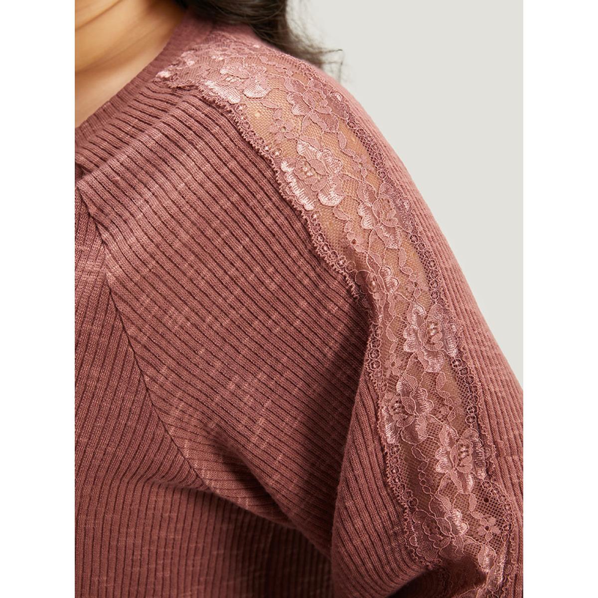 Plus Size Rib Knit Lace Panel Raglan Sleeve T-shirt DustyPink Women Elegant Texture Plain V-neck Dailywear T-shirts BloomChic 28/5X Product Image