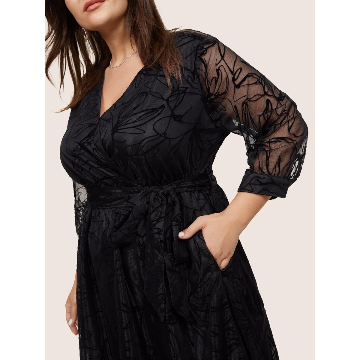 Plus Size Floral Flocked Tulle Belted Dress Black Women Glamour Wrap Overlap Collar Elbow-length sleeve Curvy Knee Dress BloomChic 18-20/2X Product Image