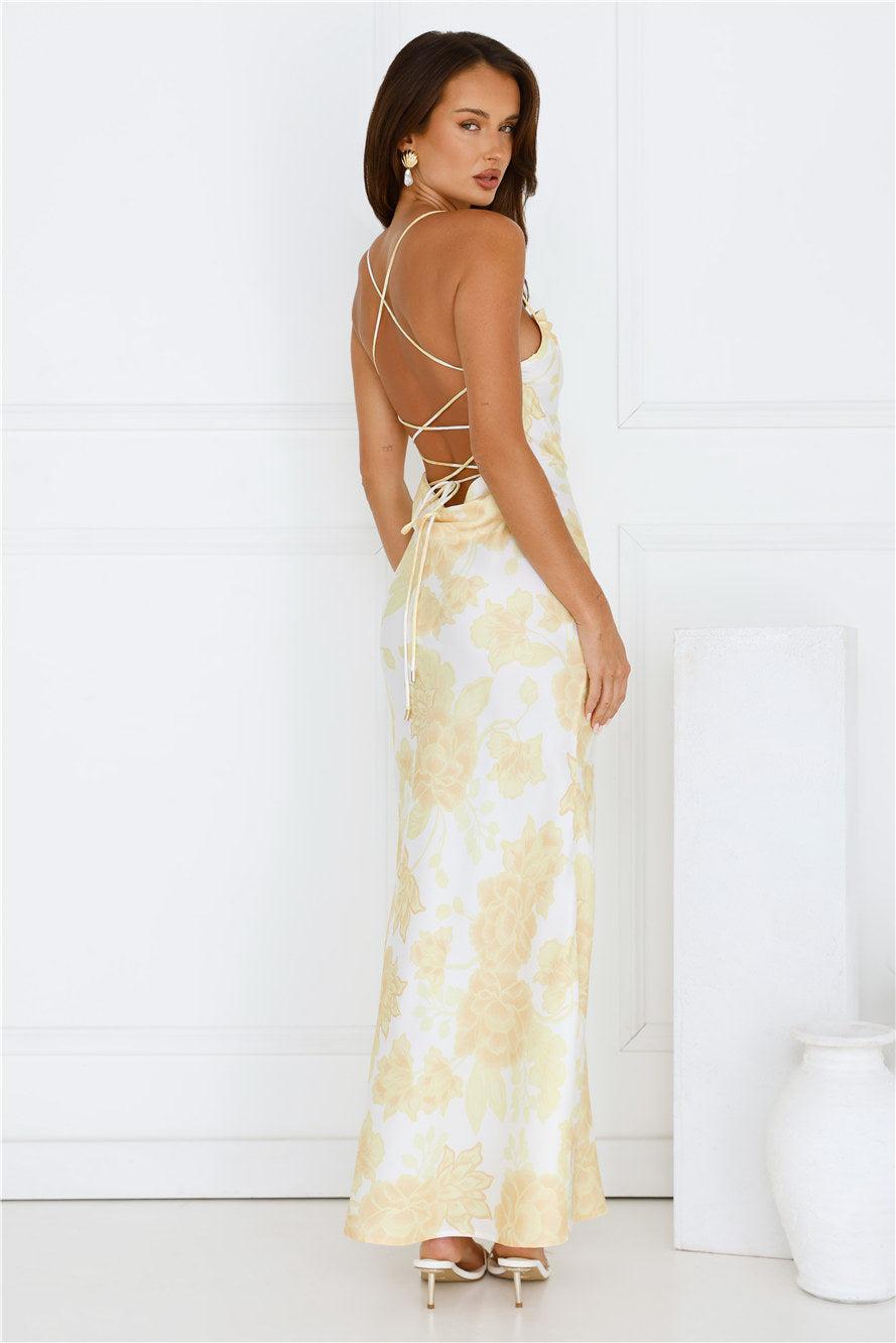 Floral Dreaming Satin Maxi Dress Yellow Product Image