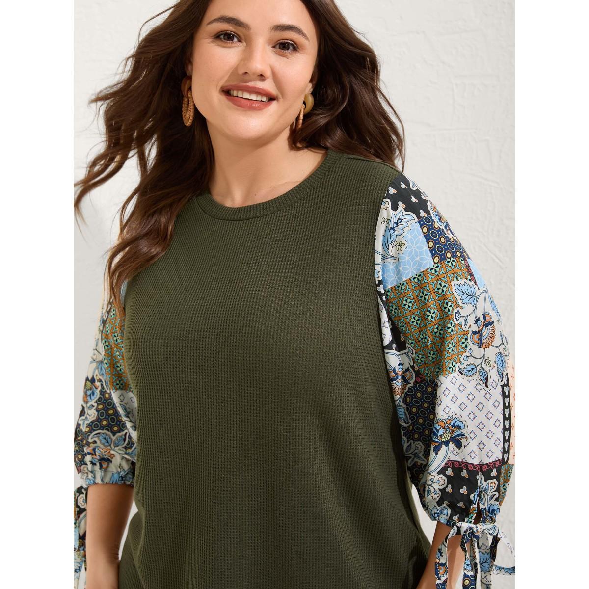 Plus Size Boho Print Ribbed Sleeve Tie Sweatshirt Women ArmyGreen Boho Round Neck Vacation Sweatshirts BloomChic 10/M Product Image