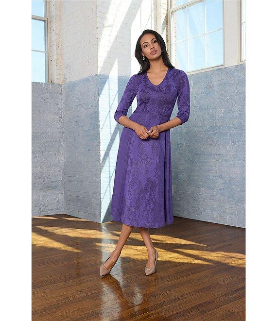 MISOOK Knit Jacquard V-Neck 3/4 Sleeve A-Line Tonal Dress Product Image