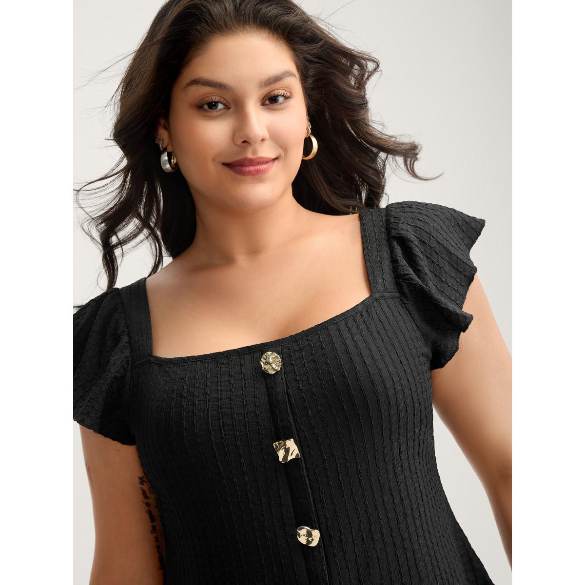 Plus Size Black Textured Shape Button Flutter Sleeve Blouse Women Office Cap Sleeve Square Neck Office Blouses BloomChic 10/M Product Image