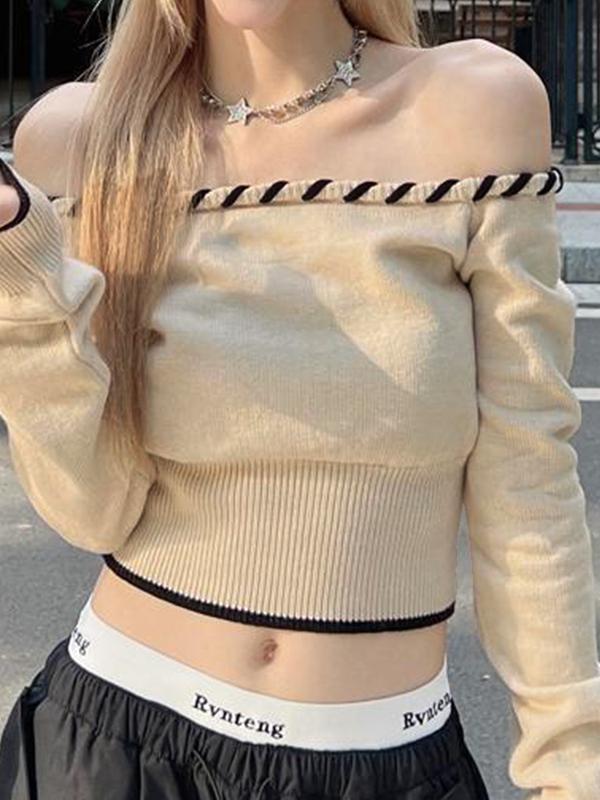 Contrast Trim Off Shoulder Cropped Long Sleeve Knit Product Image
