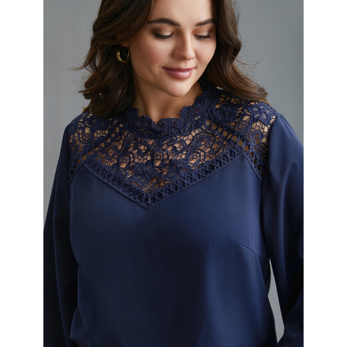 Plus Size Indigo Lace Cut-Out Sheer Stand Collar Blouse Women Elegant Long Sleeve Stand-up collar Everyday Blouses BloomChic 22-24/3X Product Image