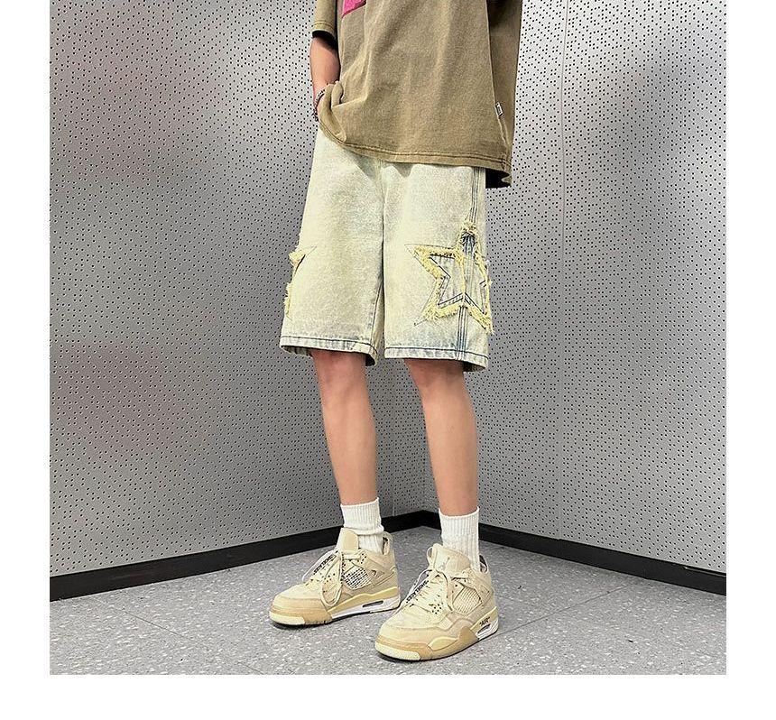 Star Embroidered Denim Shorts Product Image