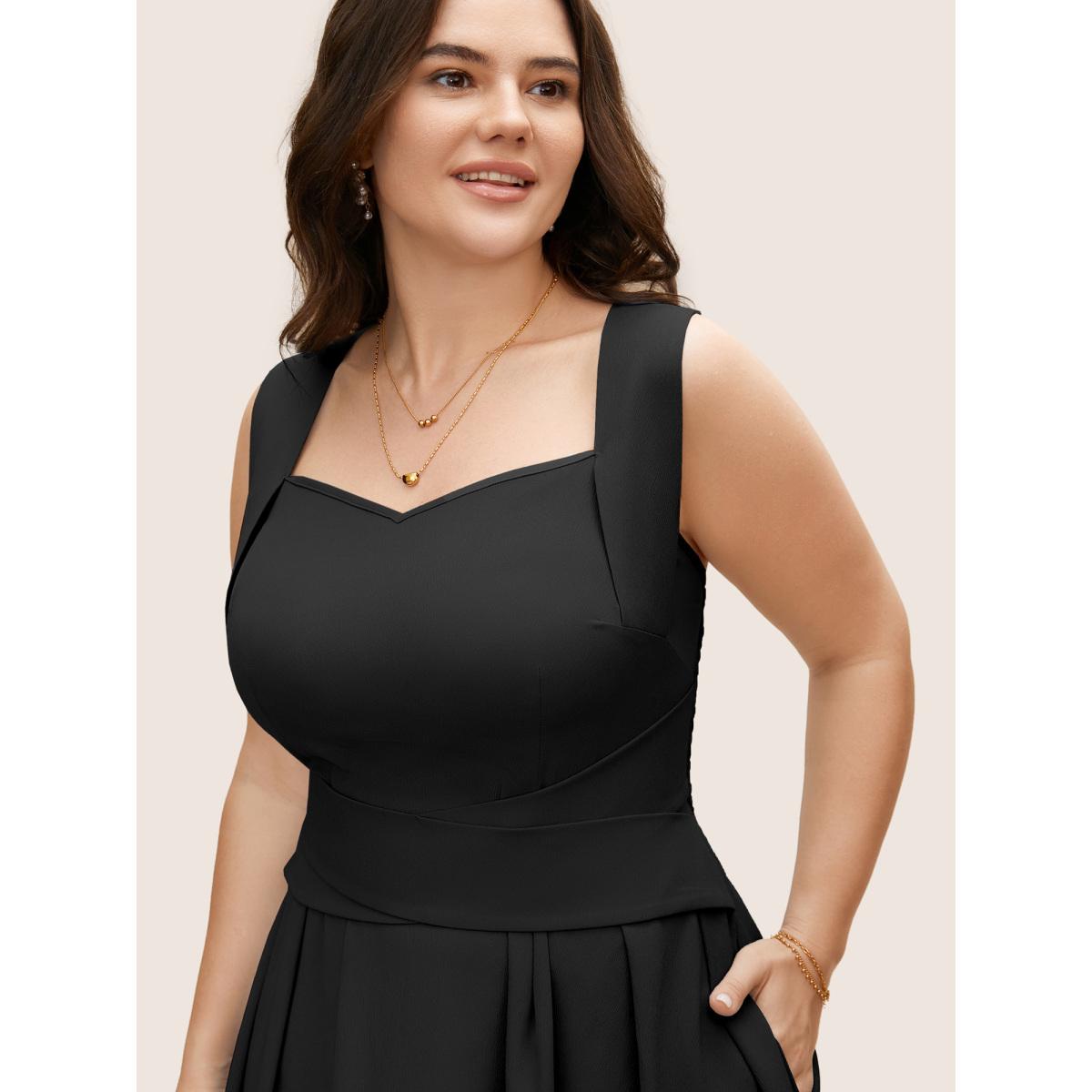 Plus Size Heart Neckline Crossover Shirred Midi Dress Black Women Elegant Pleated Heart neckline Sleeveless Curvy BloomChic 18-20/2X Product Image