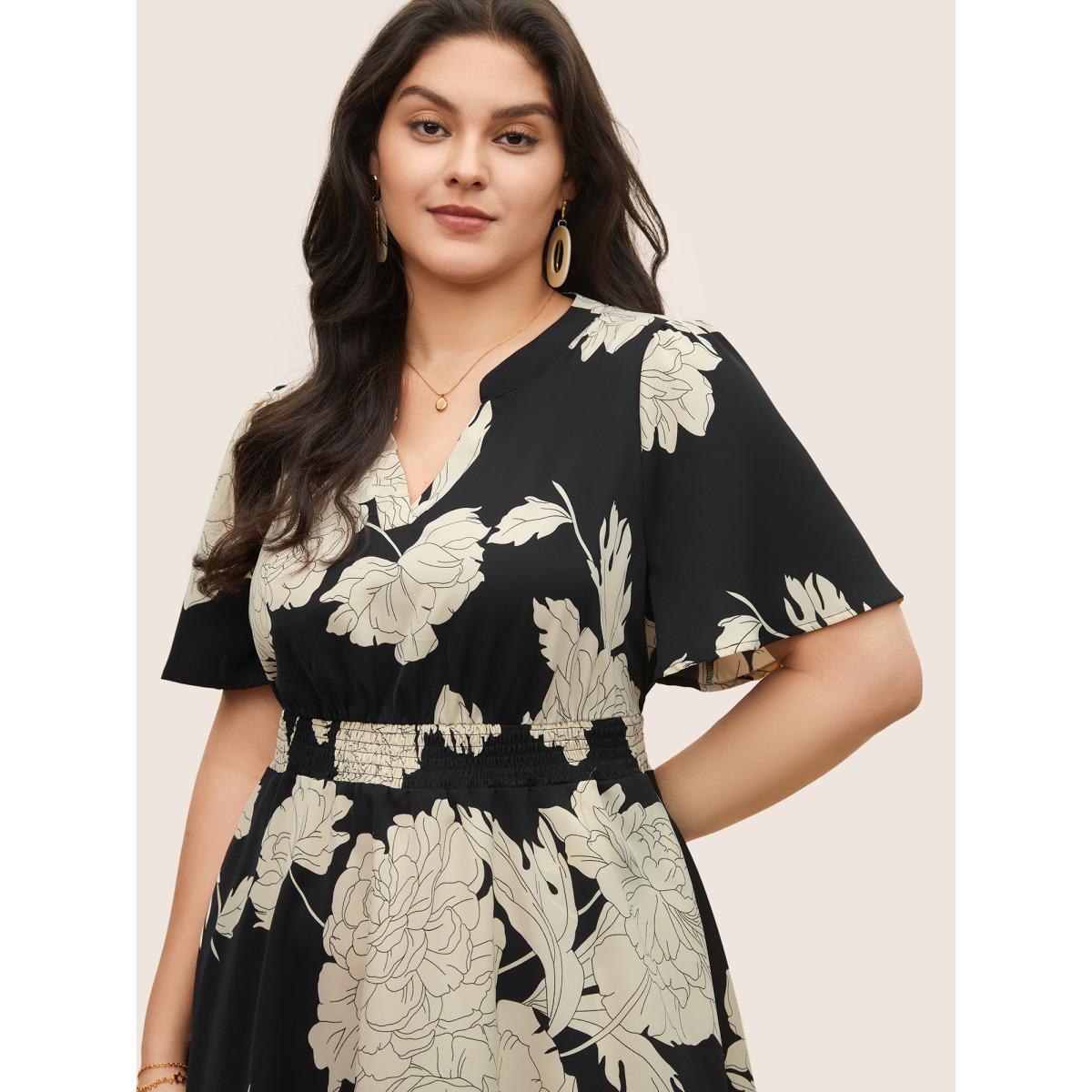 Plus Size Floral Print Notched Belted Flutter Sleeve Dress Black Women Elegant Non Notched collar Short sleeve Curvy Midi Dress BloomChic 14-16/1X Product Image