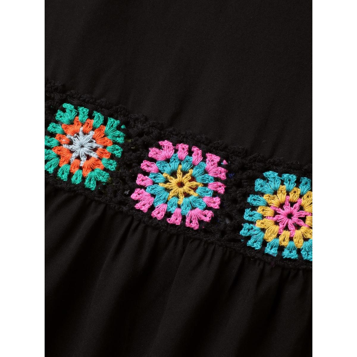 Plus Size Stretchy Waist Crochet Floral Wide-Leg Pants Women Black Boho Wide Leg Mid Rise Vacation Pants BloomChic 28/5X Product Image