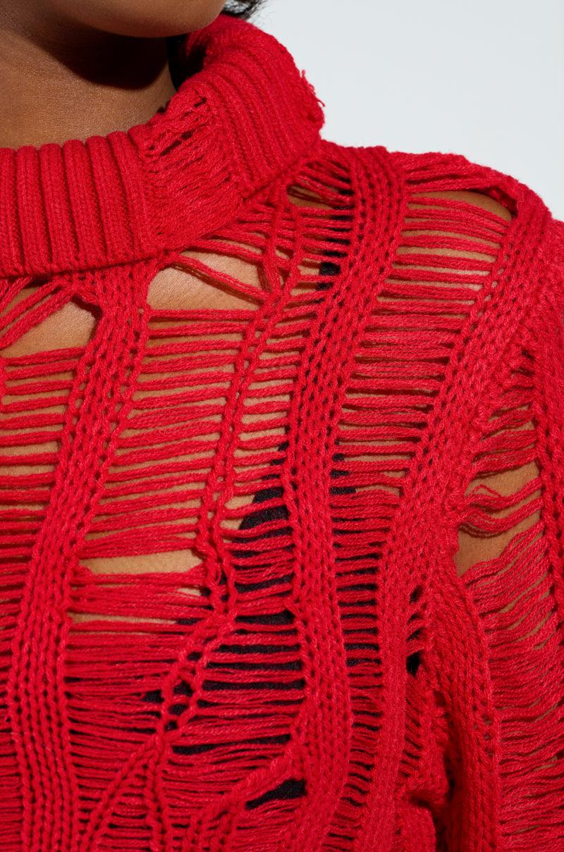 SEXY LOOSE WEAVE HIGH NECK SWEATER IN RED Product Image